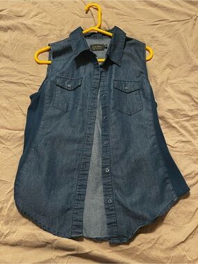 Sleeveless Dark Denim Button-Up Shirt